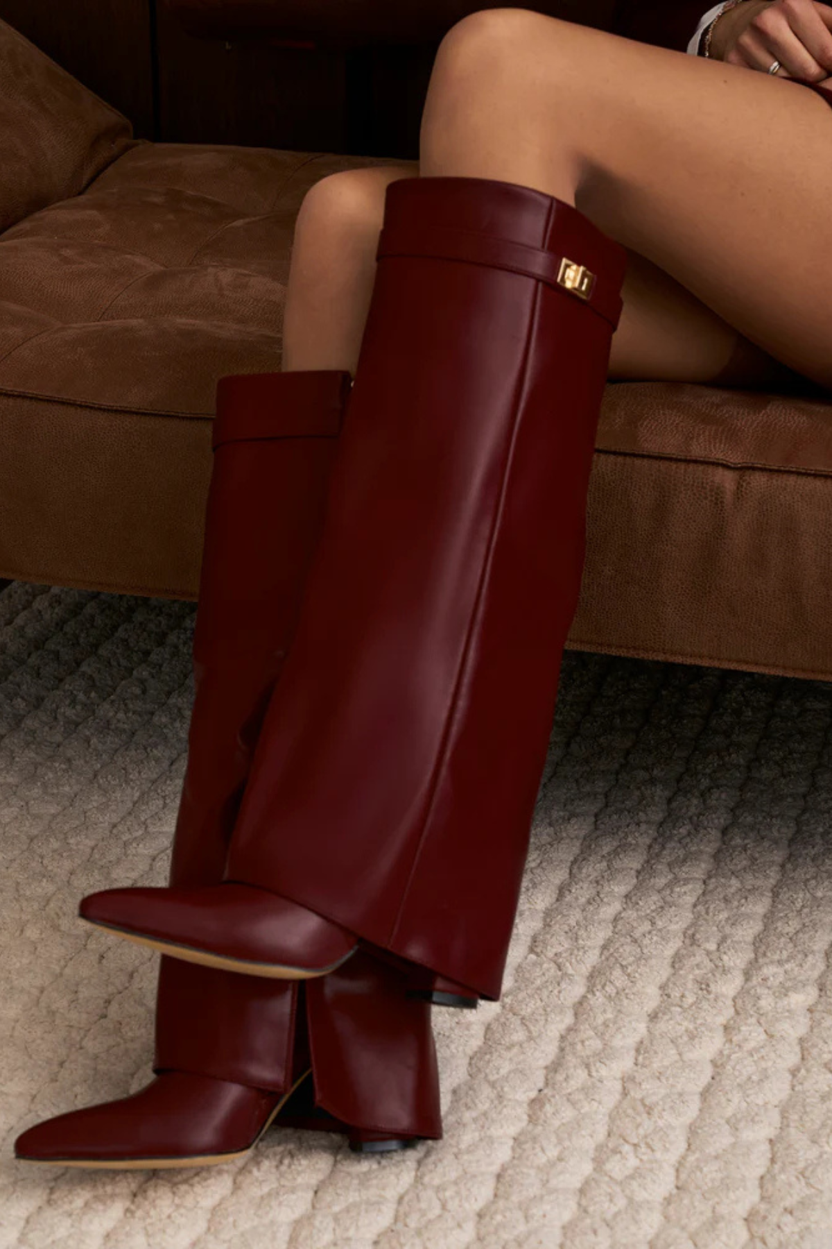 ELARA Leather Fold Over Knee High Boots - Black