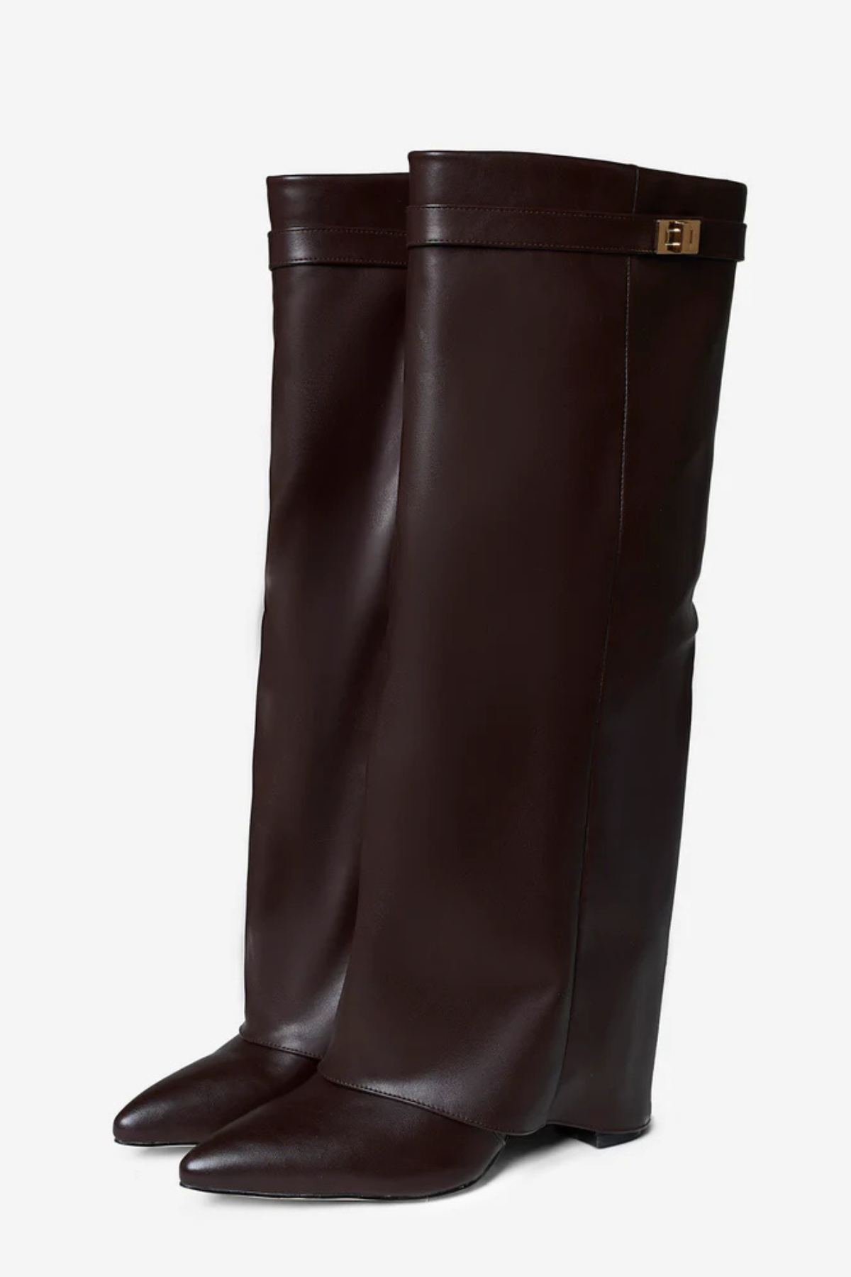 ELARA Leather Fold Over Knee High Boots - Black