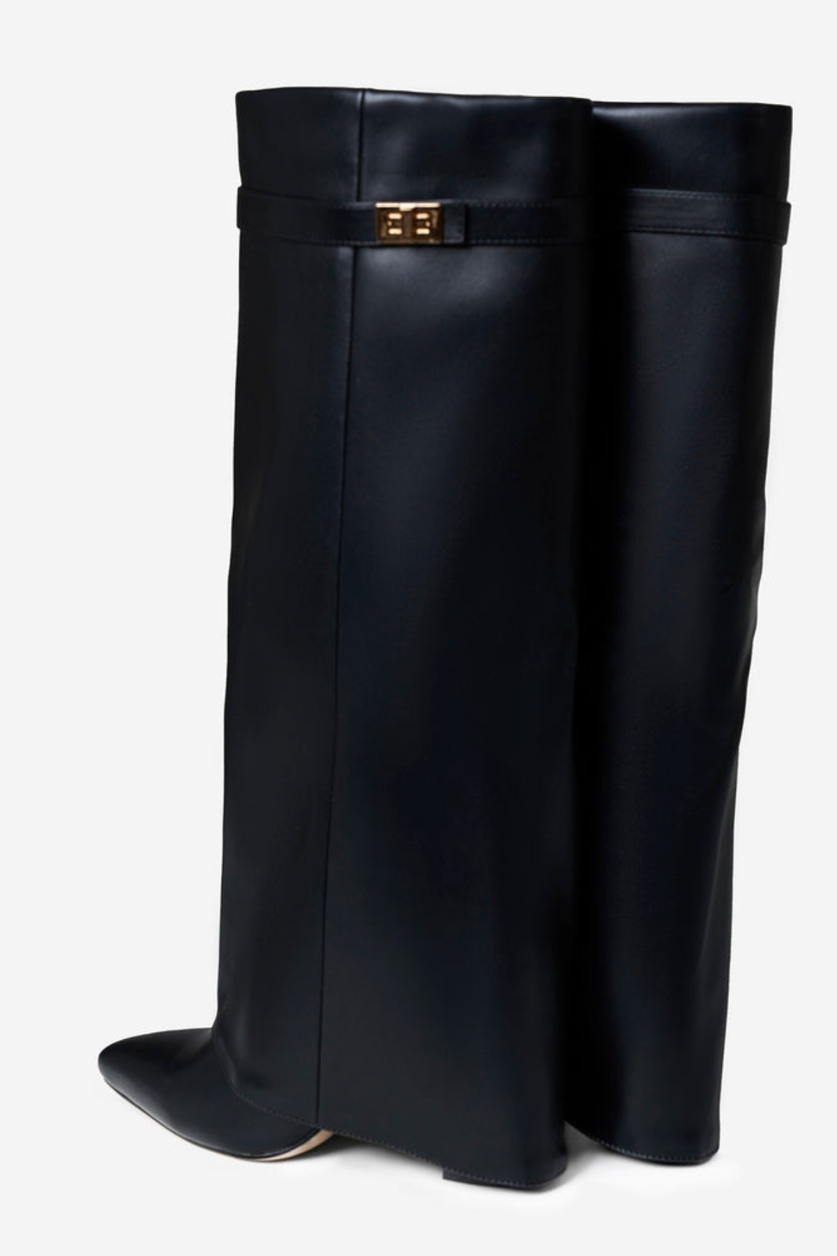 ELARA Leather Fold Over Knee High Boots - Black