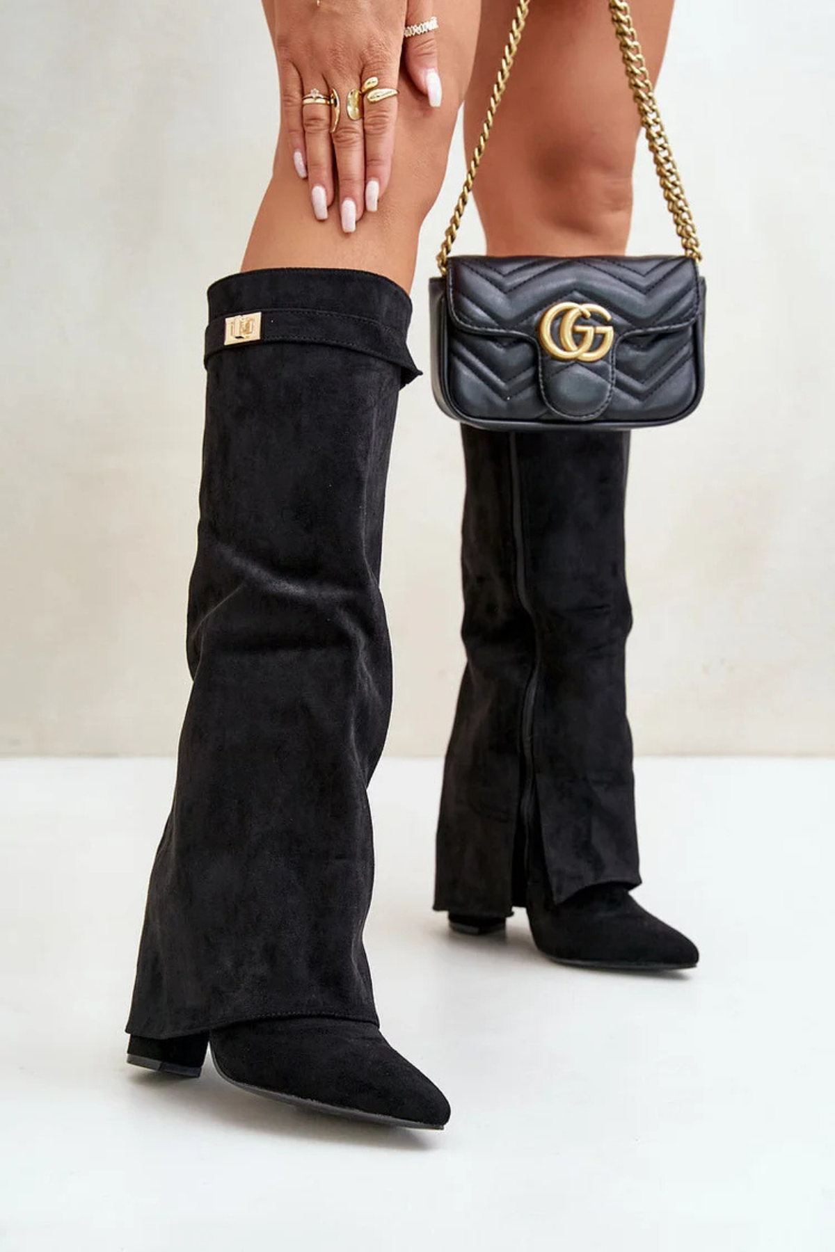 ELARA Fold-Over Knee-High Boots - Black