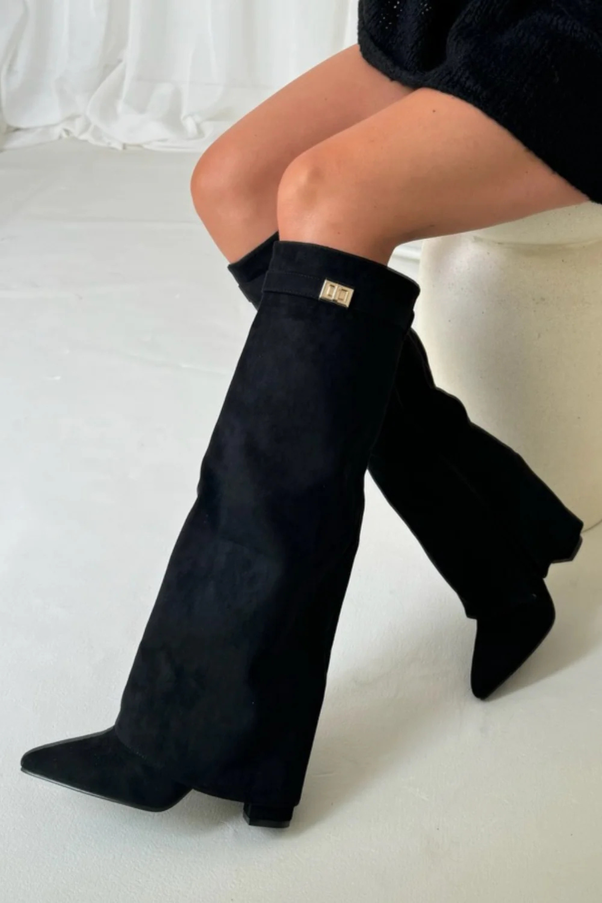 ELARA Fold-Over Knee-High Boots - Black